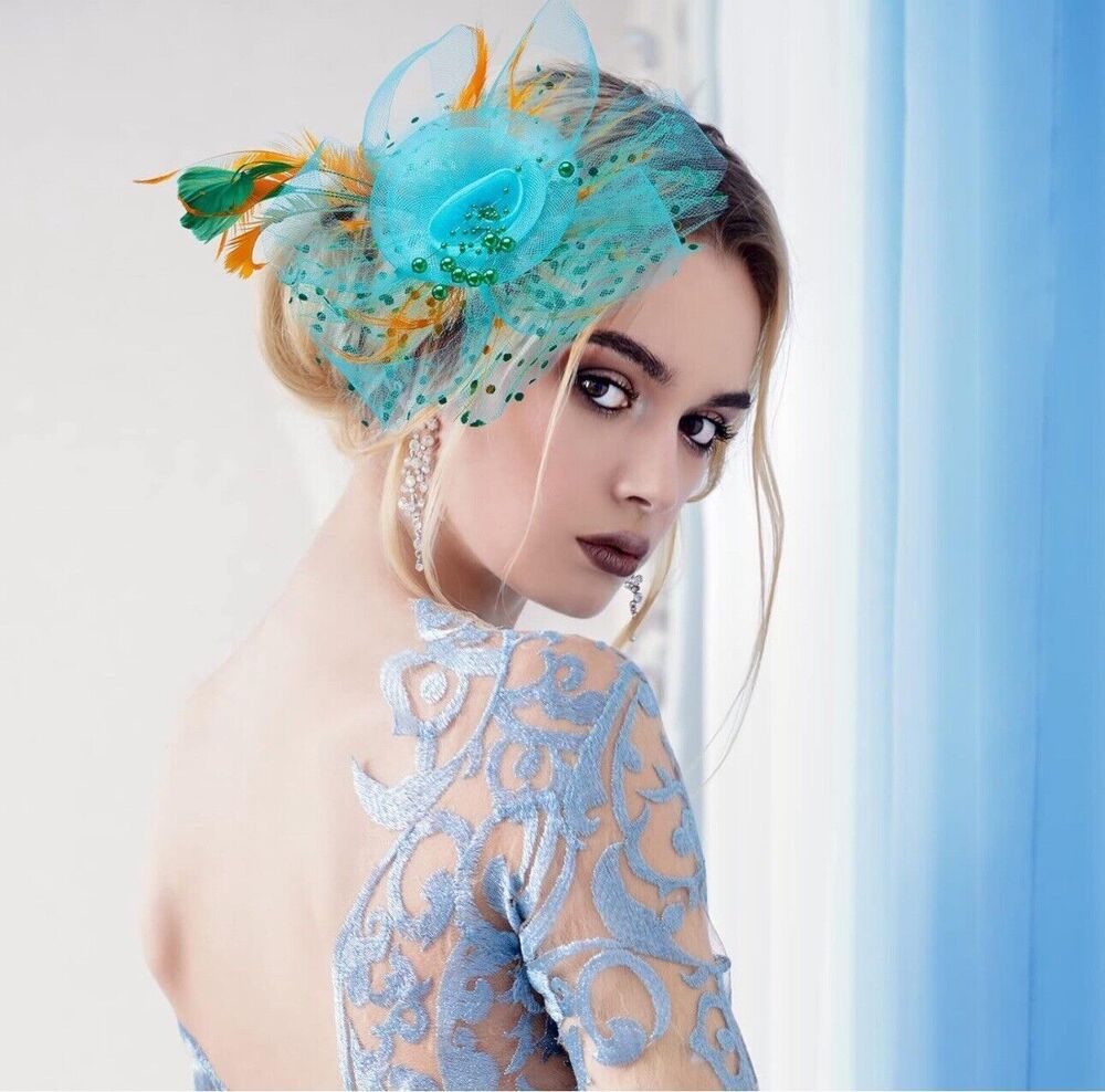 Blue/Orange/Green Feather Fascinator Hat Clip Wedding Tea Derby Cocktail Party